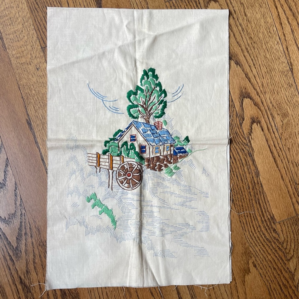 Unfinished Needlepoint Embroidery Farmhouse Cottage Trees Ranch Water Wheel